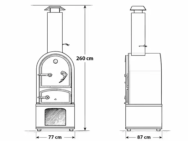 A GasztroKemence elölről és oldalról, méretjelölésekkel: 260 cm magas, 77 cm széles, 87 cm mély.