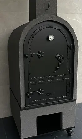 Antracit színű modern prémium mobilkemence teraszon elhelyezve